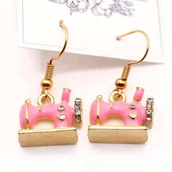 Handmade Pink Enamel Crystal Pave Vintage Style Sewing Machine Earrings, New - Picture 1 of 2
